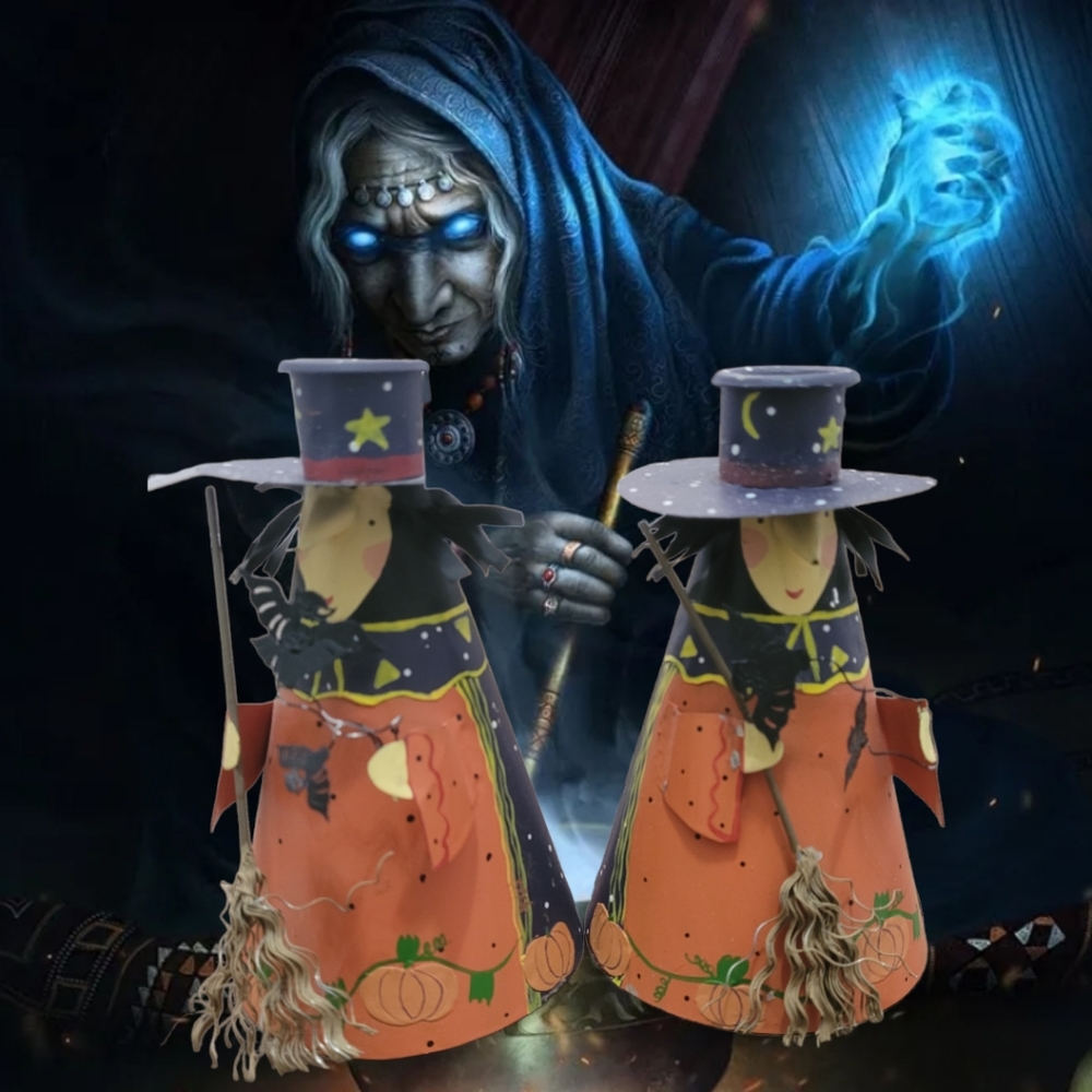 Tin Witch Halloween Candle Holders